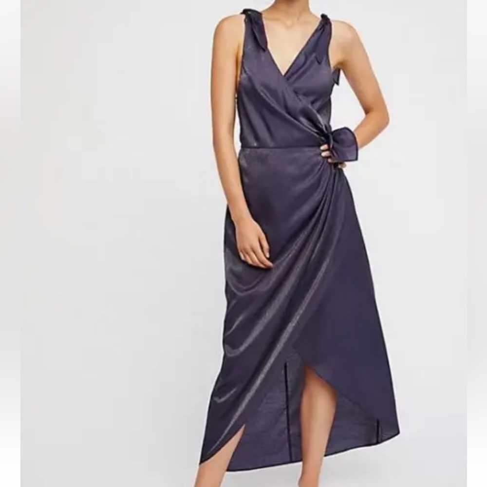 NWT Free People Navy Blue Swipe Right Wrap Dress Maxi Shimmering Fabric